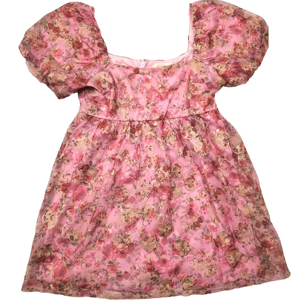 Puff Sleeve Milkmaid Dress Women's Large Pink Floral whimsical Fairy Audrey Park